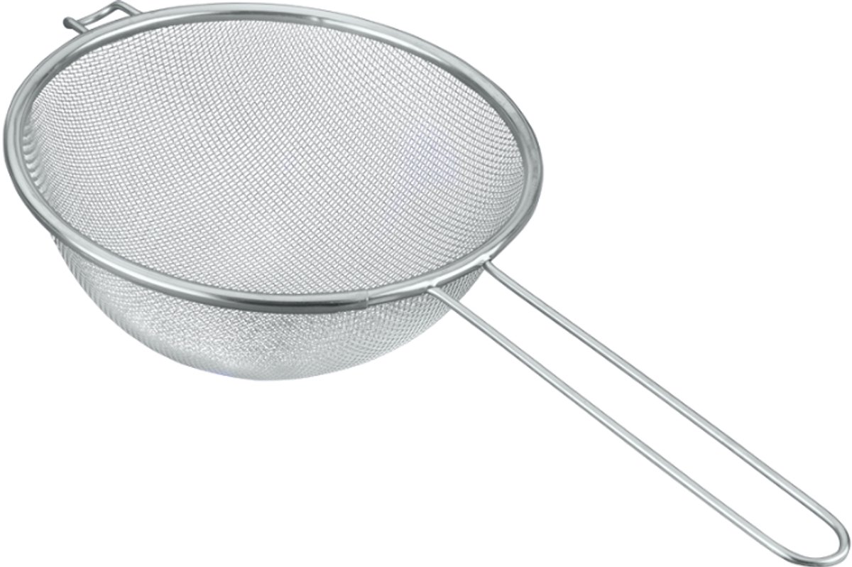 Tasty Roestvrijstalen zeef, gaaszeef met lange steel en 2 houders, gaaszeef, keukengadget, vaatwasmachinebestendig, 14 x 29 cm, kleuren: koel donkerblauw, grijs en zilver