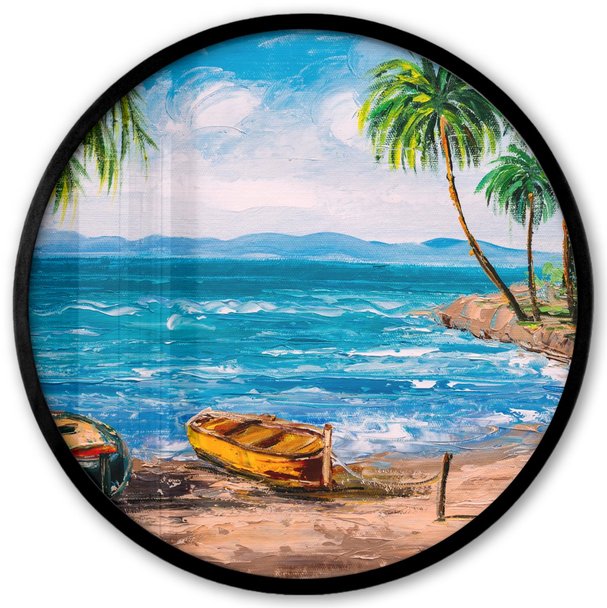 FrameYourWall Poster in lijst Rond - Fotolijst 40x40 cm - Posters - Schilderij - Olieverf - Strand - Palmboom - Boot - Ronde posterlijst zwart - Decoratie - Wanddecoratie woonkamer - Muurdecoratie slaapkamer Multicolor