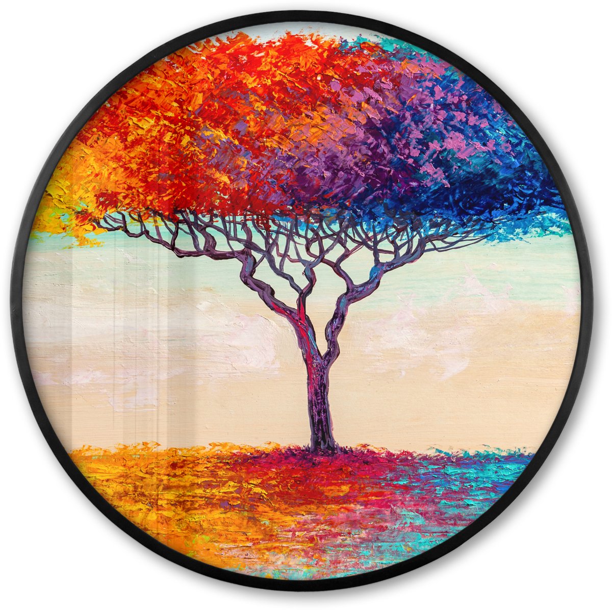 FrameYourWall Poster in lijst Rond - Fotolijst 80x80 cm - Posters - Schilderijen - Olieverf - Boom - Regenboog - Ronde posterlijst zwart - Decoratie - Wanddecoratie woonkamer - Muurdecoratie slaapkamer Multicolor