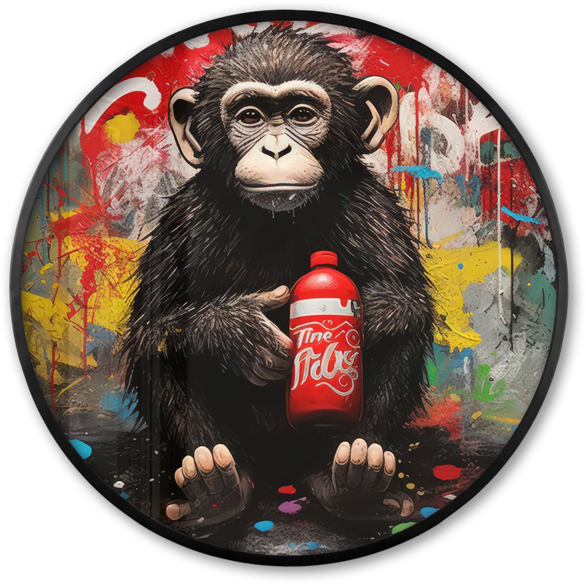 FrameYourWall Poster in lijst Rond - Fotolijst 80x80 cm - Posters - Aap - Graffiti - Dieren - Kunst - Flesje - Kleuren - Ronde posterlijst zwart - Decoratie - Wanddecoratie woonkamer - Muurdecoratie slaapkamer Graffiti - Aap