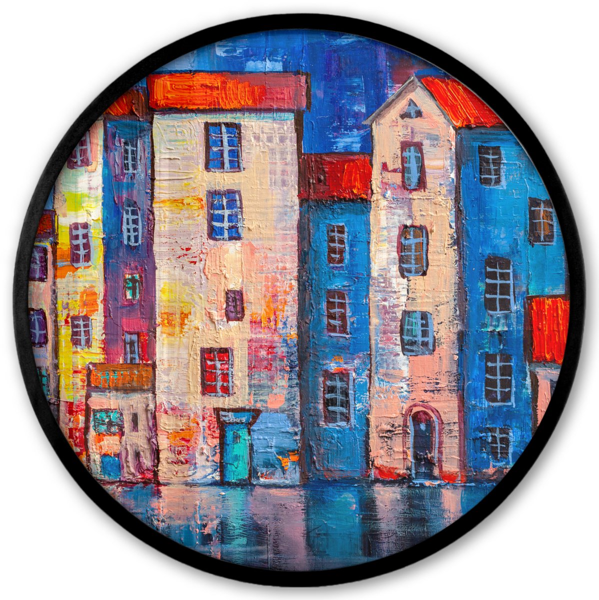 FrameYourWall Poster in lijst Rond - Fotolijst 40x40 cm - Posters - Schilderij - Olieverf - Huis - Water - Ronde posterlijst zwart - Decoratie - Wanddecoratie woonkamer - Muurdecoratie slaapkamer Multicolor