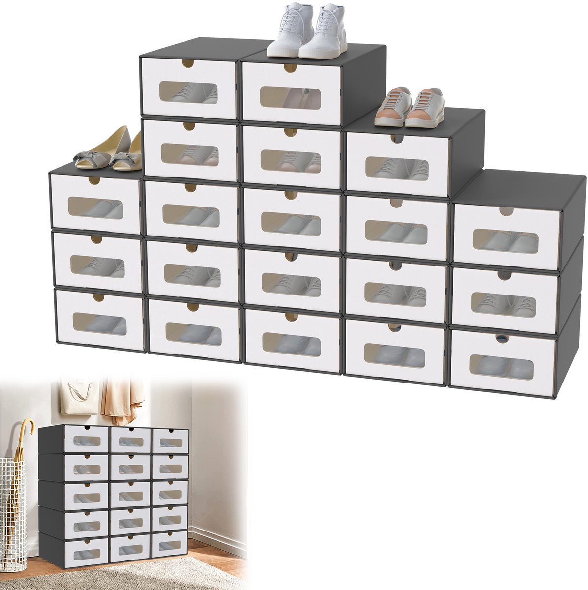 20er Stapelbaar Doosenset – Schuifdoos Met Zichtvenster Van Kraftpapier, Schoen- En Speelgoeddoos Voor De Opslag Van Accessoires, 23,5 X 34,5 X 13,5 Cm - Antraciet