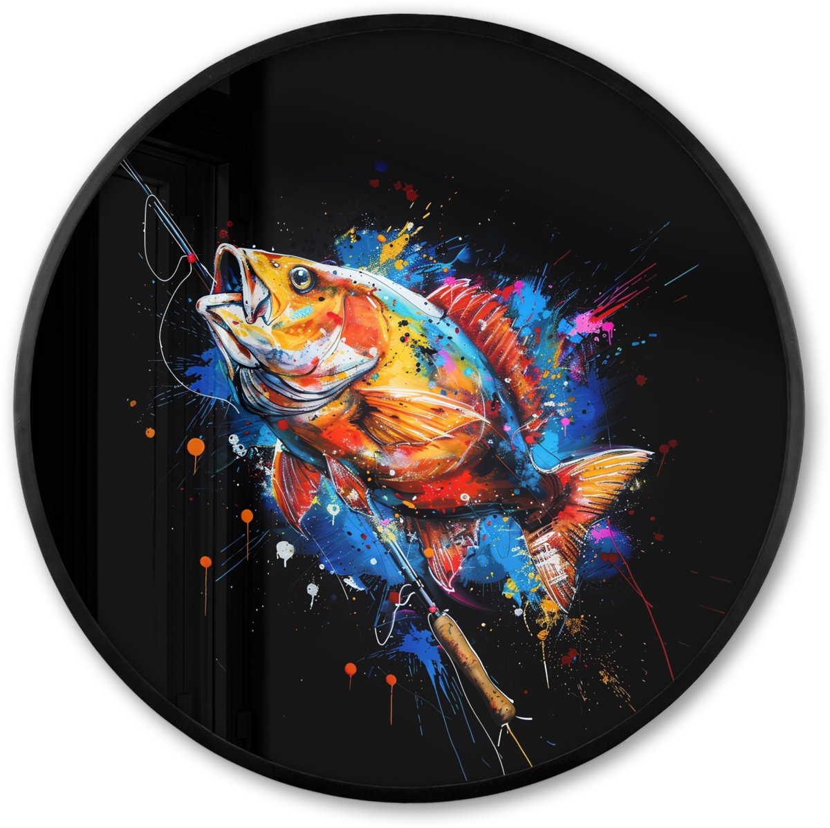 FrameYourWall Poster in lijst Rond - Fotolijst 80x80 cm - Posters - Graffiti - Sport - Vissen - Vis - Hengel - Ronde posterlijst zwart - Decoratie - Wanddecoratie woonkamer - Muurdecoratie slaapkamer Vishengel
