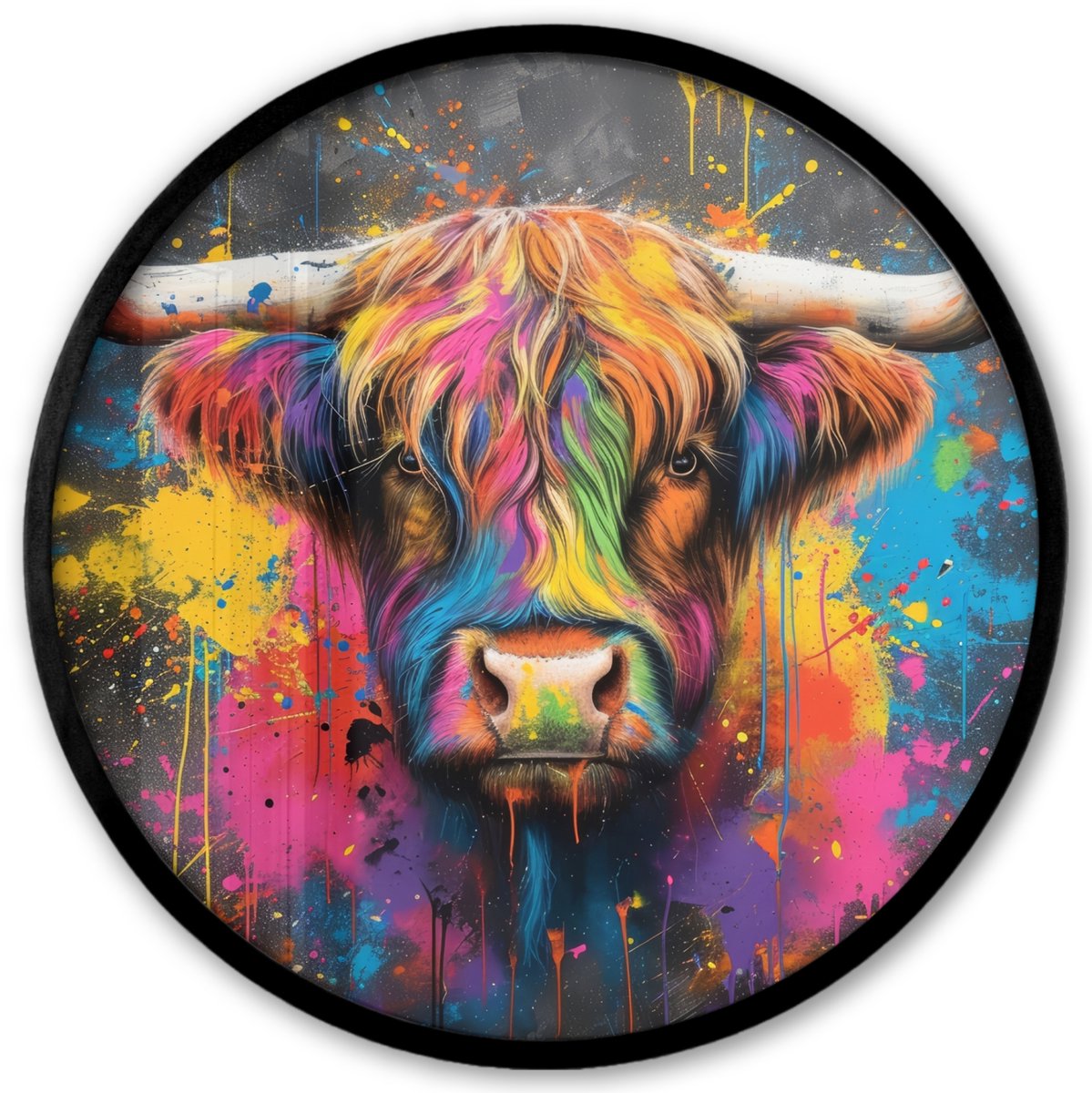 FrameYourWall Poster in lijst Rond - Fotolijst 40x40 cm - Posters - Graffiti - Schotse hooglander - Koe - Kleurrijk - Ronde posterlijst zwart - Decoratie - Wanddecoratie woonkamer - Muurdecoratie slaapkamer
