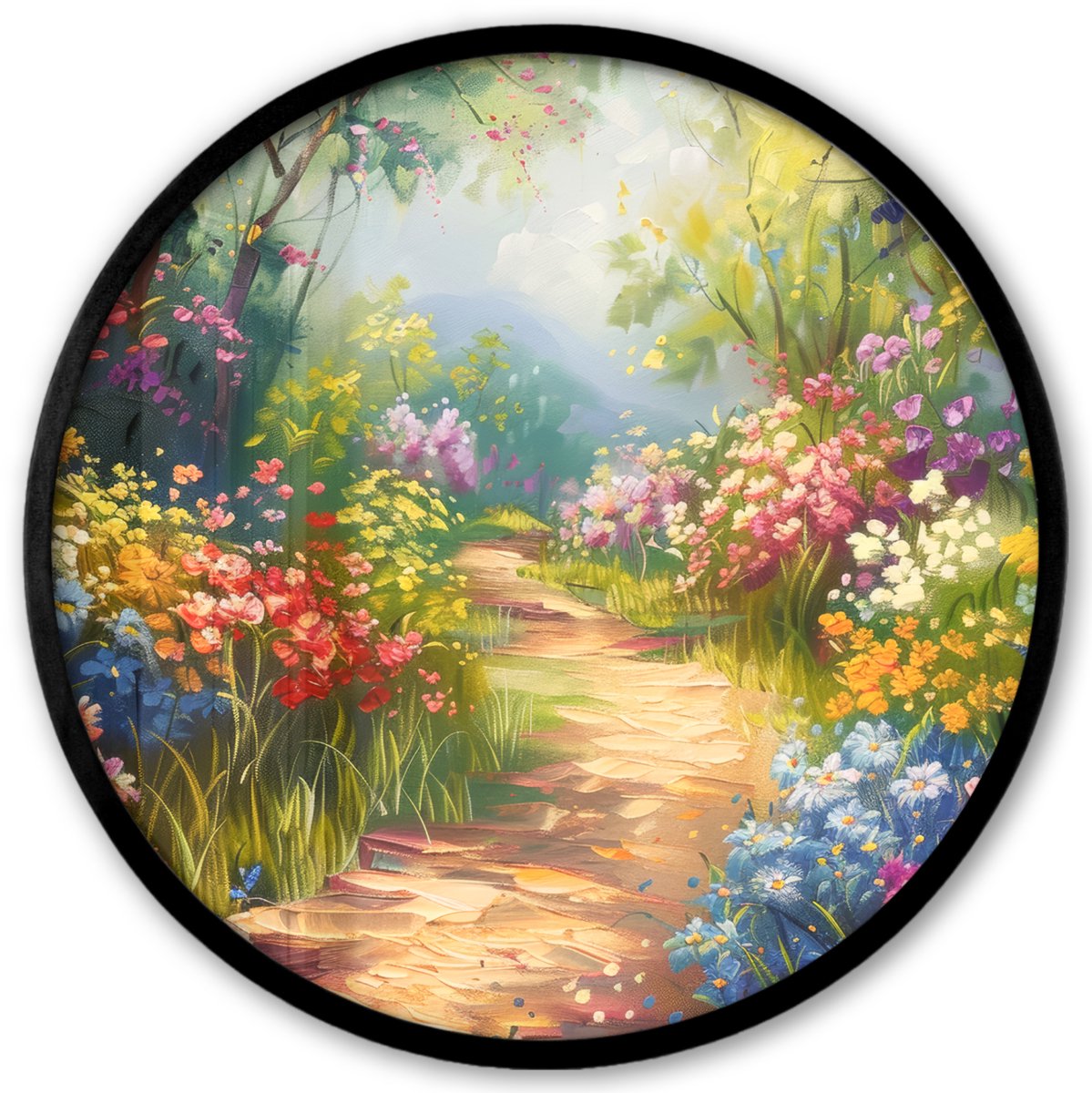 FrameYourWall Poster in lijst Rond - Fotolijst 40x40 cm - Posters - Natuur - Landschap - Bloemen - Kleurrijk - Ronde posterlijst zwart - Decoratie - Wanddecoratie woonkamer - Muurdecoratie slaapkamer Bloemen landschap