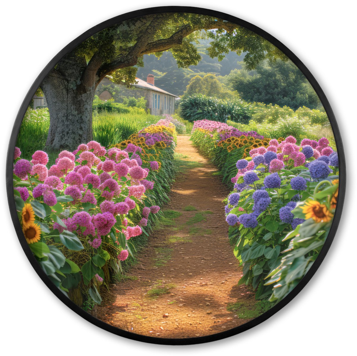 FrameYourWall Poster in lijst Rond - Fotolijst 80x80 cm - Posters - Bloemen - Pad - Zonnebloemen - Tuin - Hortensia - Ronde posterlijst zwart - Decoratie - Wanddecoratie woonkamer - Muurdecoratie slaapkamer