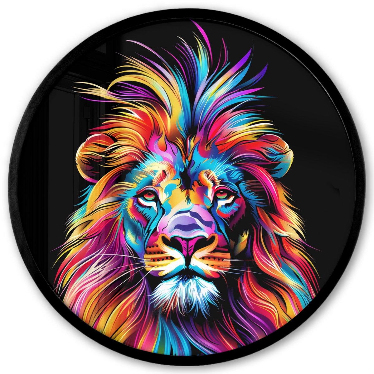 FrameYourWall Poster in lijst Rond - Fotolijst 40x40 cm - Posters - Leeuwen - Kleurrijk - Zwart - Dieren - Ronde posterlijst zwart - Decoratie - Wanddecoratie woonkamer - Muurdecoratie slaapkamer