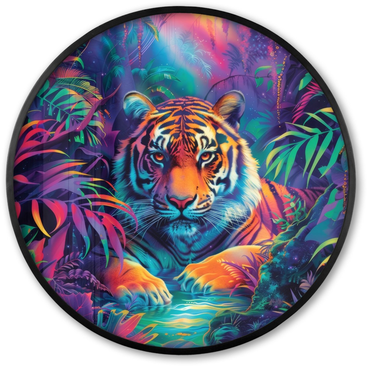 FrameYourWall Poster in lijst Rond - Fotolijst 60x60 cm - Posters - Tijger - Dier - Jungle - Kleurrijk - Ronde posterlijst zwart - Decoratie - Wanddecoratie woonkamer - Muurdecoratie slaapkamer Tijger - Tropisch