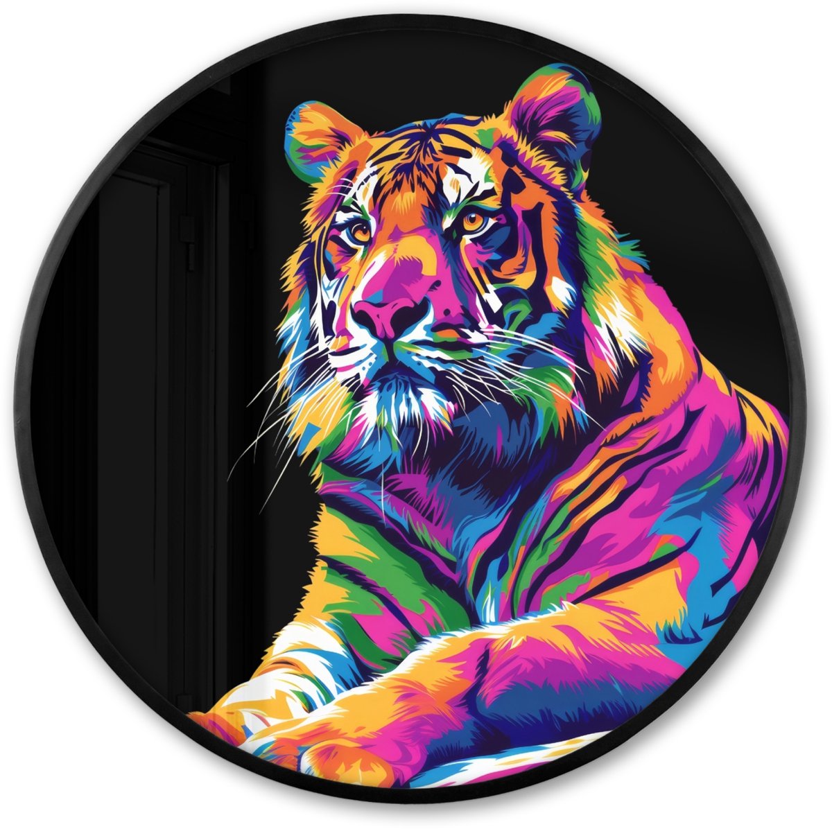 FrameYourWall Poster in lijst Rond - Fotolijst 60x60 cm - Posters - Tijger - Kleurrijk - Dieren - Zwart - Neon - Ronde posterlijst zwart - Decoratie - Wanddecoratie woonkamer - Muurdecoratie slaapkamer