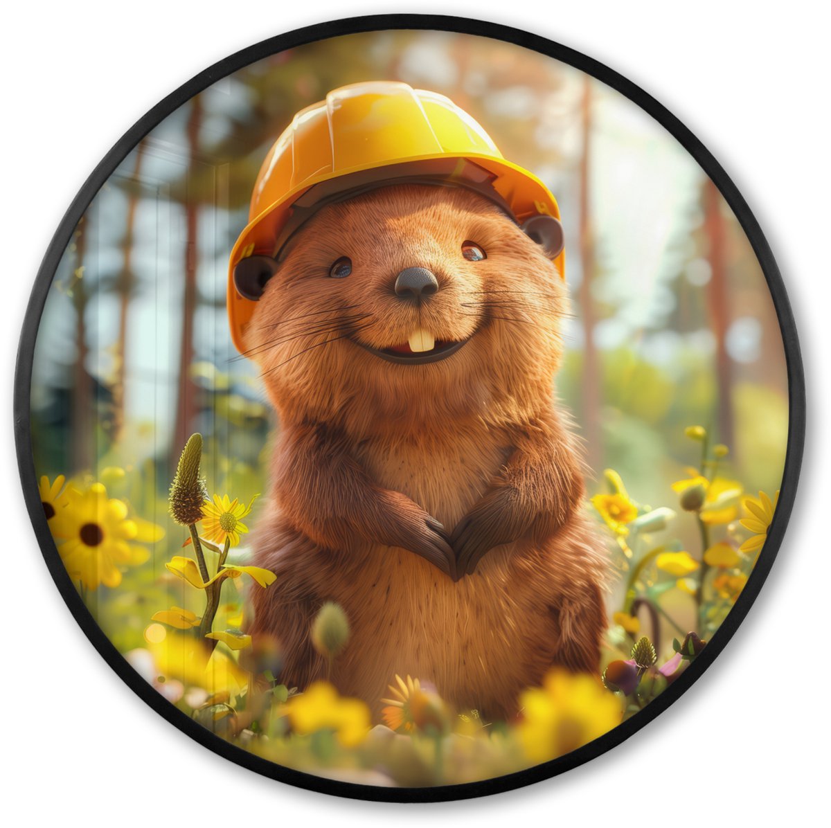 FrameYourWall Poster in lijst Rond - Fotolijst 80x80 cm - Posters - Bever - Dier - Bouwhelm - Natuur - Ronde posterlijst zwart - Decoratie - Wanddecoratie woonkamer - Muurdecoratie slaapkamer Bever - Natuur
