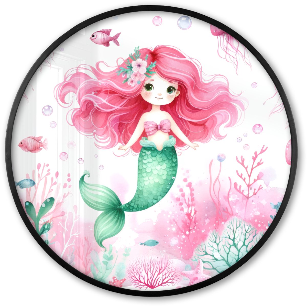 FrameYourWall Poster in lijst Rond - Fotolijst 80x80 cm - Posters - Zeemeermin - Roze - Zeedieren - Onderwater - Ronde posterlijst zwart - Decoratie - Wanddecoratie woonkamer - Muurdecoratie slaapkamer