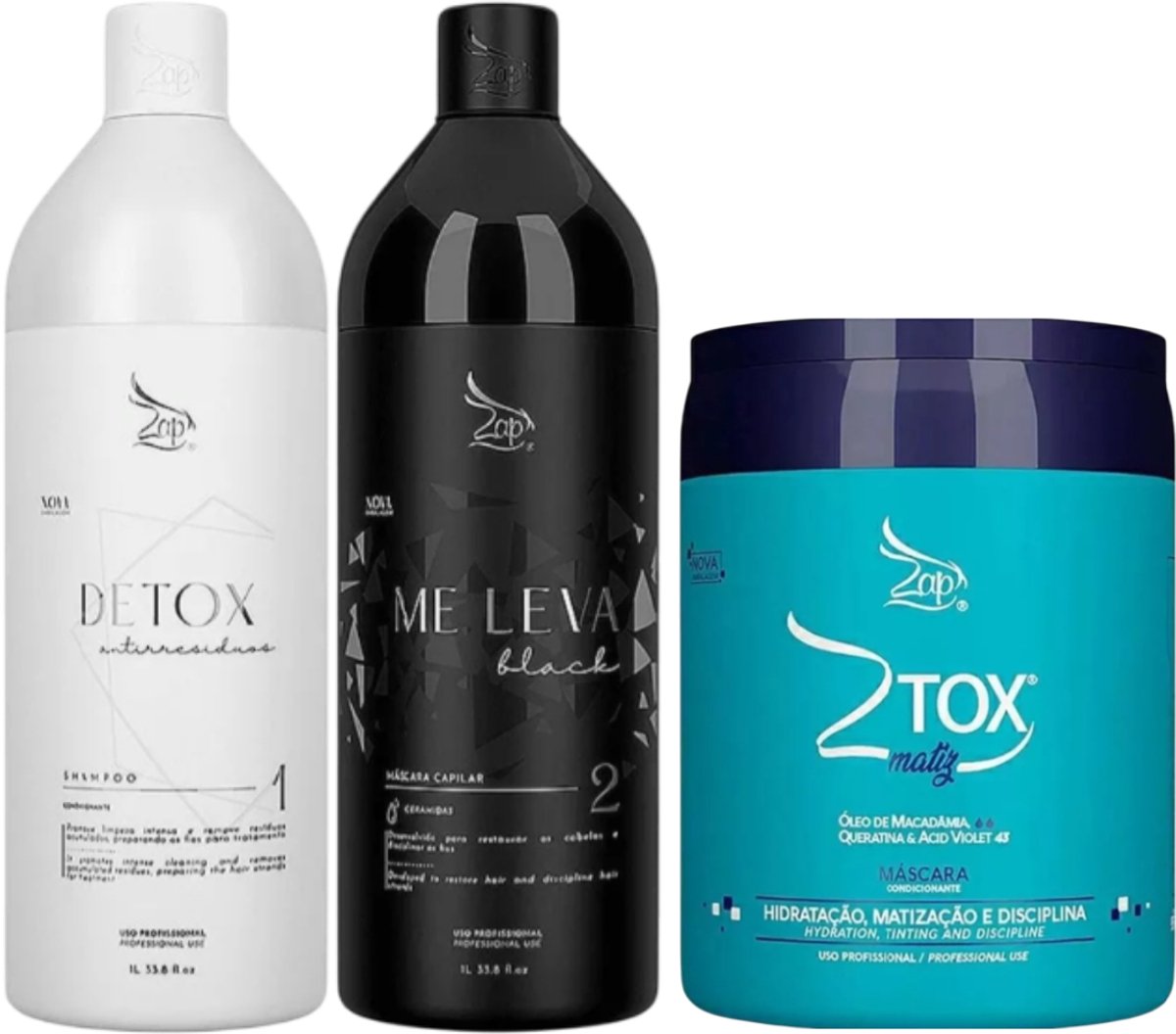 Kit Zap Me Leva Black & Detox kit Brazilian Keratin Treatment 2x1000 ml & Zap Bluetox Ztox Blue Matiz Mask 950g3