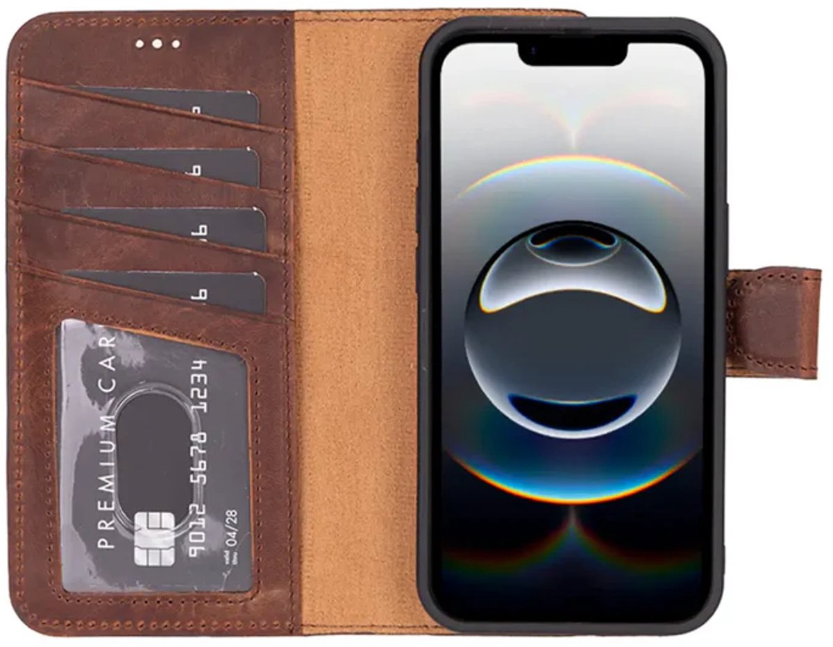 Lykke Leren Hoesje met Pasjeshouder voor iPhone 16e – Handgemaakt Echt Leer – MagSafe -Bruin