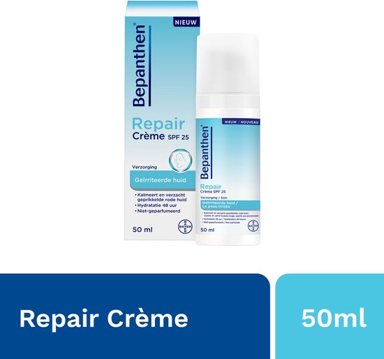 Bepanthen Repair Crème SPF 25, 50ml. Doos en flesje met blauwe en witte opdruk.