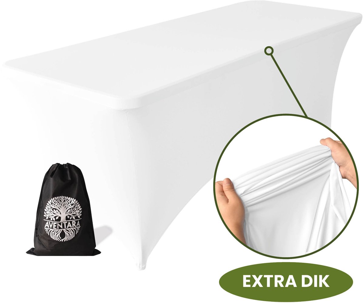 Tafelhoes Wit – 180-183 x 75 x 75 cm - 2 Jaar Garantie - Extra Dik – Luxe Stretch Tafel Hoes Voor Klaptafel, Buffettafel, Partytafel, Tuin- & Campingtafel – Kras- en Kreukvrije Tafel Rok met Opbergtas