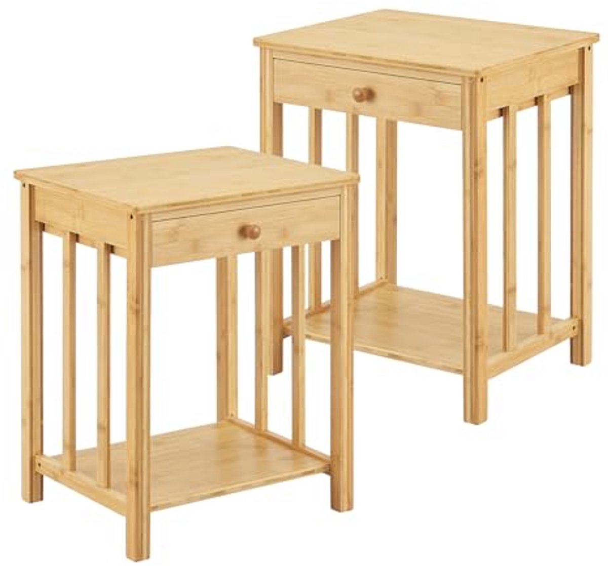 Set van 2 Bijzettafels met Lade en Plank in Natuurlijke Bamboe - 51x40x35 cm