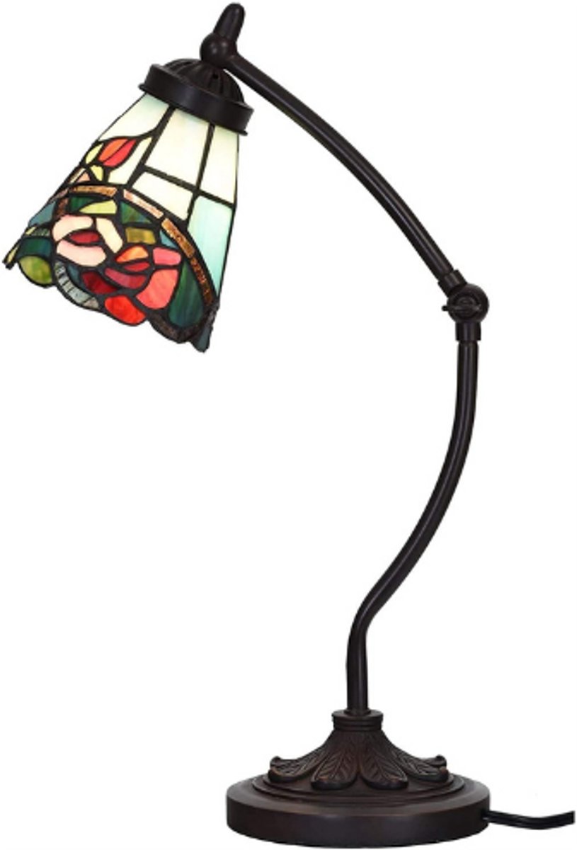 Rozenbloem Tiffany Stijl Bureaulamp Met Schommelarm - Gebrandschilderd Glas Nachtlampje - Lampenkap 13cm Breed - Perfect Voor Werkplek En Lezen