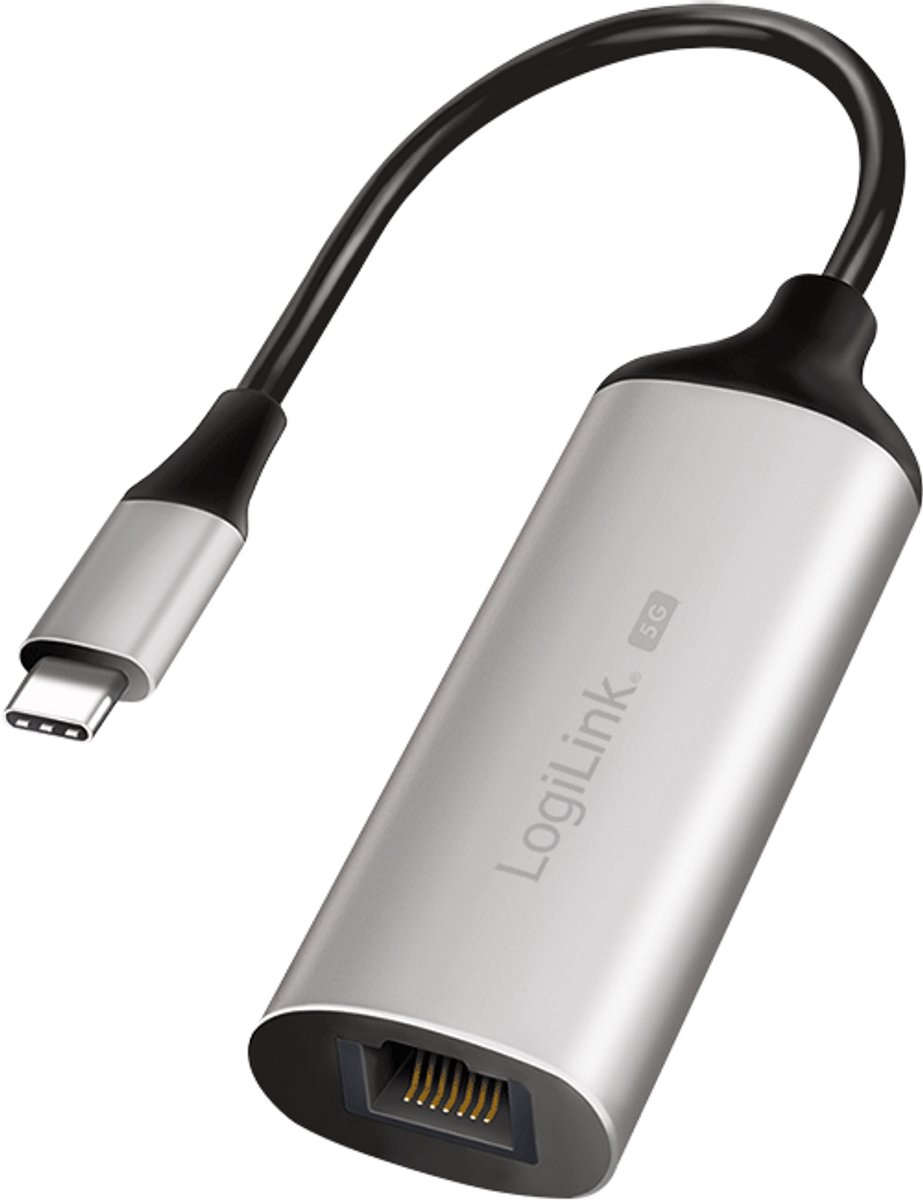 LogiLink USB-C/M 3.2 Gen 1 naar RJ45/F 5G Gigabit Ethernet-adapter, Full Duplex Flow Control, aluminium