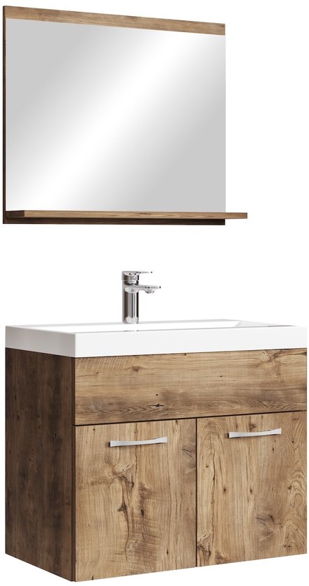 Meuble-lavabo en bois avec miroir et étagère, lavabo blanc, partie inférieure ouverte.