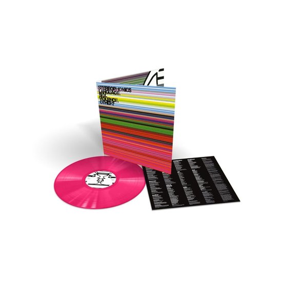 Roze vinylplaat en hoes van "Language. Sex. Violence. Other?" met gekleurde strepen en tekst.