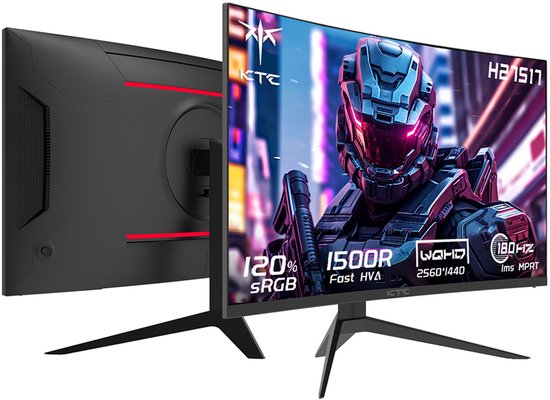 Een gebogen KTC H27S17 monitor, voor- en achterkant. De voorkant toont een futuristische robot. Specificaties: 120% sRGB, 1500R, WQHD, 180Hz 1ms MPRT. De achterkant heeft rode accenten.