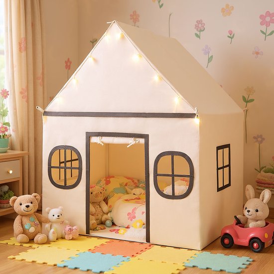 COSTWAY Speelhuis voor kinderen, indoor, kindertent met sterrenlichten en gevoerde mat, speeltent met deurgordijn en ramen, kinderspeelhuis voor jongens en meisjes vanaf 3 jaar (beige + bruin) van COSTWAY — afbeelding 2
