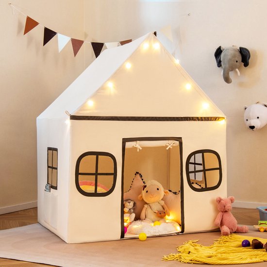 COSTWAY Speelhuis voor kinderen, indoor, kindertent met sterrenlichten en gevoerde mat, speeltent met deurgordijn en ramen, kinderspeelhuis voor jongens en meisjes vanaf 3 jaar (beige + bruin) van COSTWAY — afbeelding 3