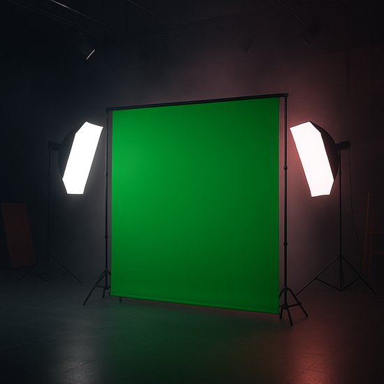 Configuration de studio professionnelle avec un fond vert vif, éclairé par des lumières de studio.