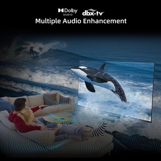 CHIQ TV met Dolby Audio en dts-HD. Een stel kijkt naar een orka die uit het water springt.