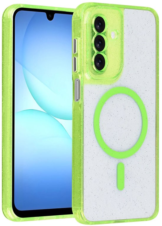 Doorzichtige glitter telefoonhoes in het groen met magnetische ring en twee extra clips die de bruikbaarheid voor een riem vergroten.