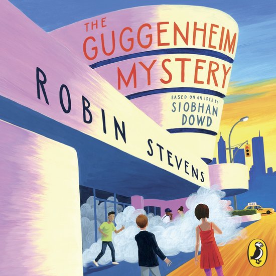 Boekomslag 'The Guggenheim Mystery' met een illustratie van het Guggenheim Museum, kinderen en een gele taxi.