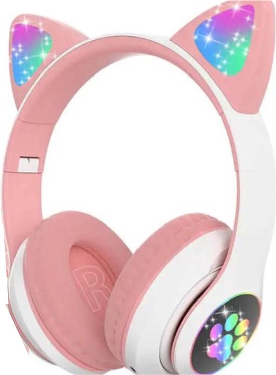 Kinder Hoofdtelefoon-Draadloze Koptelefoon-Kids Headset-Over Ear-Bluetooth-Microfoon-Katten Oortjes-Led Verlichting-Roze
