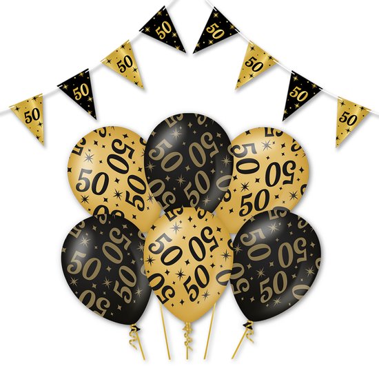 Q2P - 50 Jaar - Slingers - Ballonnen - Zwart & Goud Set - Verjaardag Versiering - Helium Ballon - Abraham - Sarah