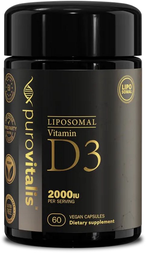 Zwarte pot met gouden tekst: Purovitalis Liposomal Vitamin D3, 2000iu per serving, 60 Vegan Capsules.