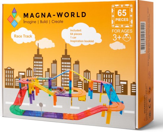 Magna-World® Race Track 65 stuks - Magnetisch speelgoed - Racebaan - Magnetische bouwstenen - Montessori speelgoed - STEM speelgoed - Magnetic Tiles - Compatibel met de grote merken