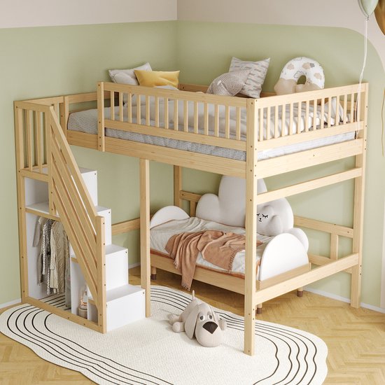 Lit superposé 140x200 cm - avec escalier avec placard de rangement - barrière haute - lit enfant - couleur bois - sans matelas