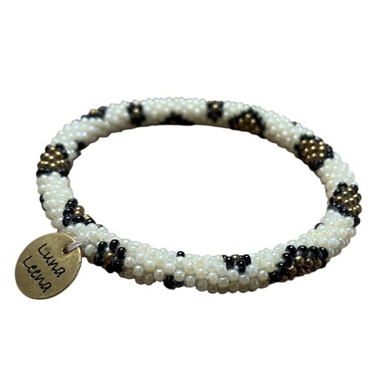 Luna-Leena duurzame kralen armband rol - luipaard / panter - glaskralen - one size 14+ ( 7ø cm) - handgemaakt in Nepal - armbanden - leopard beaded bracelet roll - accessoire - feest - gift - cadeau - kerstcadeau - moederdag sieraad