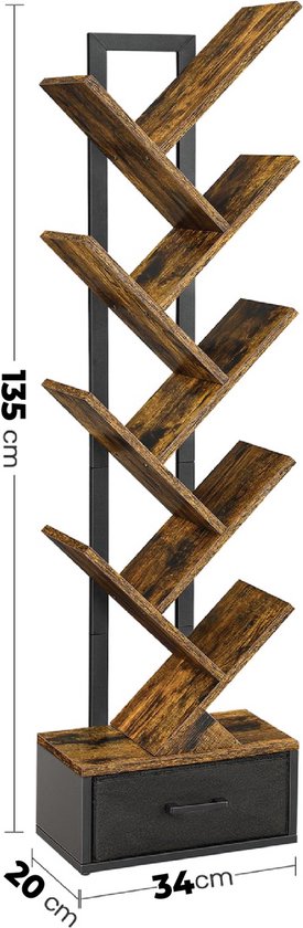 Boekenkast in boomvorm met 8 open niveaus en een lade aan de onderkant. Afmetingen: 135 cm hoog, 34 cm breed, 20 cm diep.