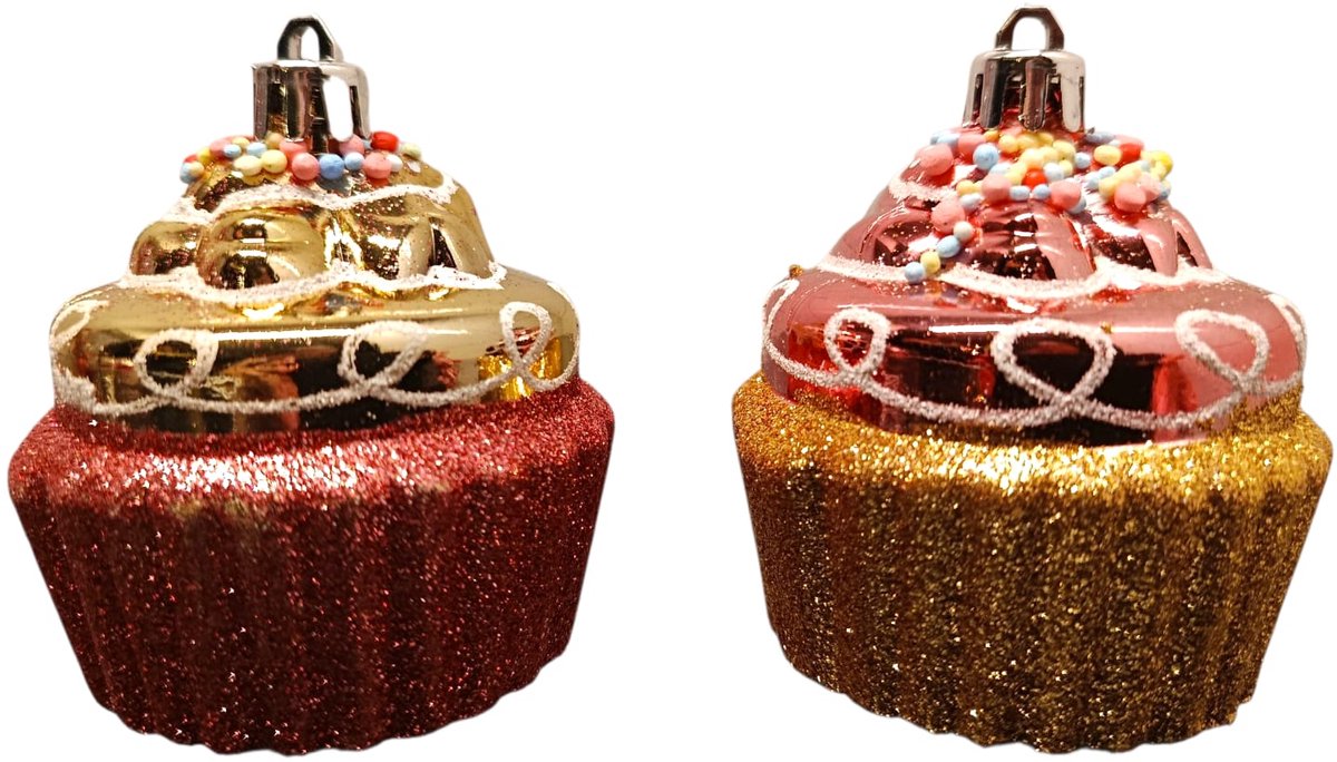Luxe Kerstornamenten 6.5 cm lang– Set van 2 – Cupcake Roze & Goud met Glitter – Glanzende & Sprankelende Kerstdecoratie -kerstbal