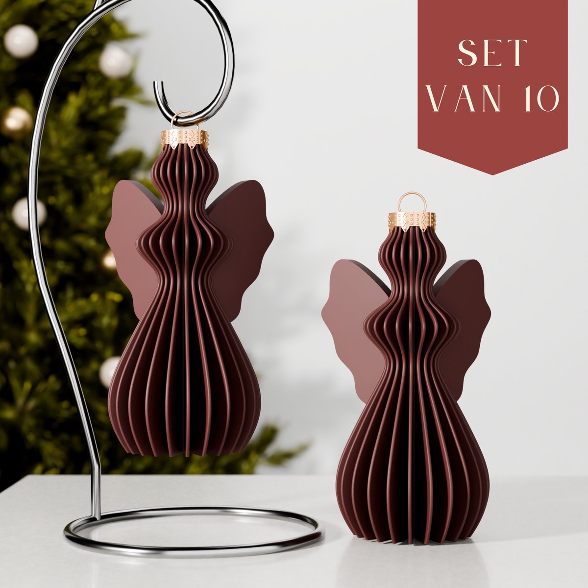 Fleuriek – Luxe kerstbal engel – Rood, 10 stuks – Onbreekbare plastic kerstornamenten – Engelvormige kerstballen, luxe kerstdecoratie, Kerstbal matte afwerking
