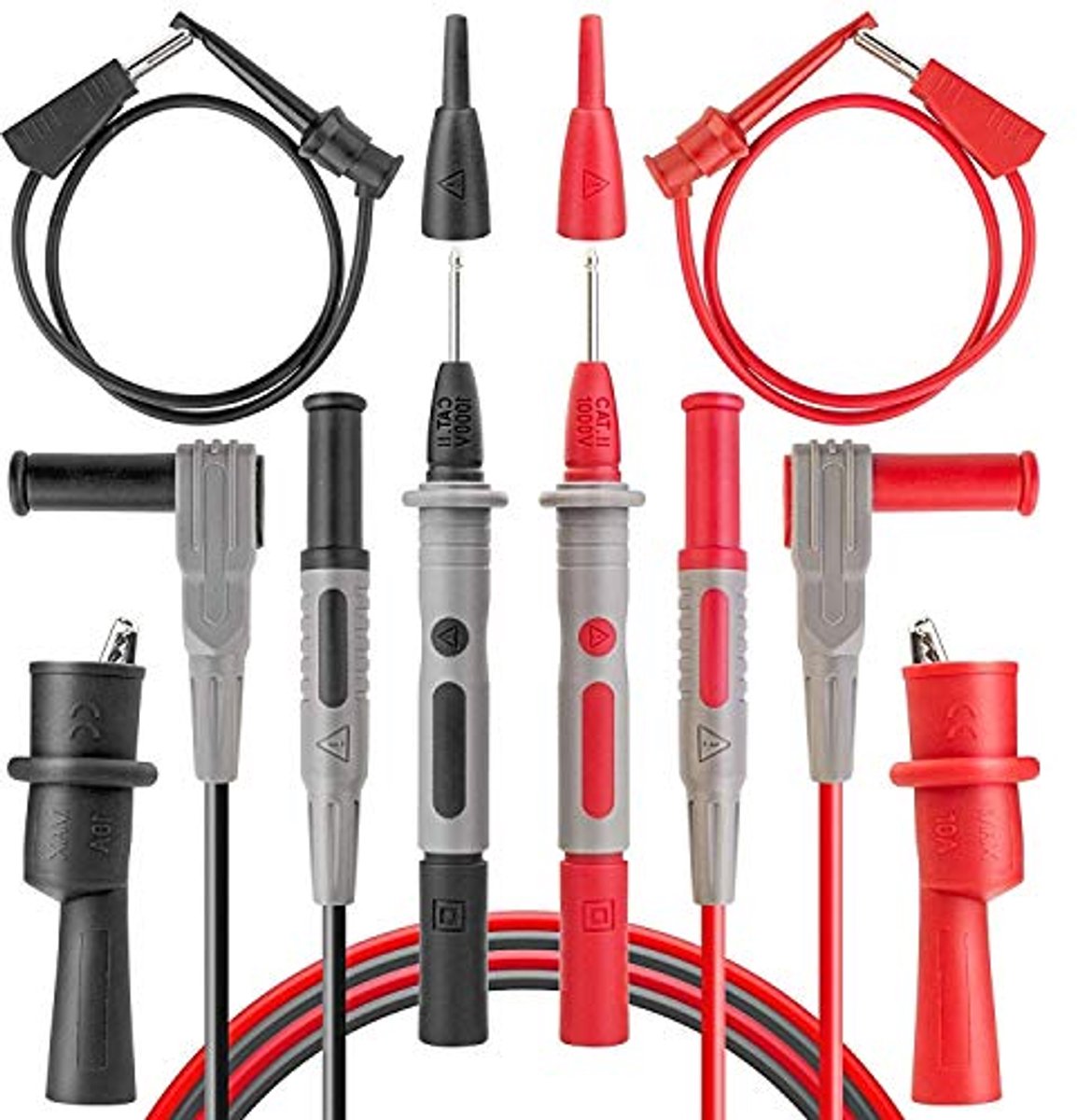 8-delige multimeter meetsnoeren set met krokodillenklemmen, mini-haken en testsondes voor voltmeter en klemmeter