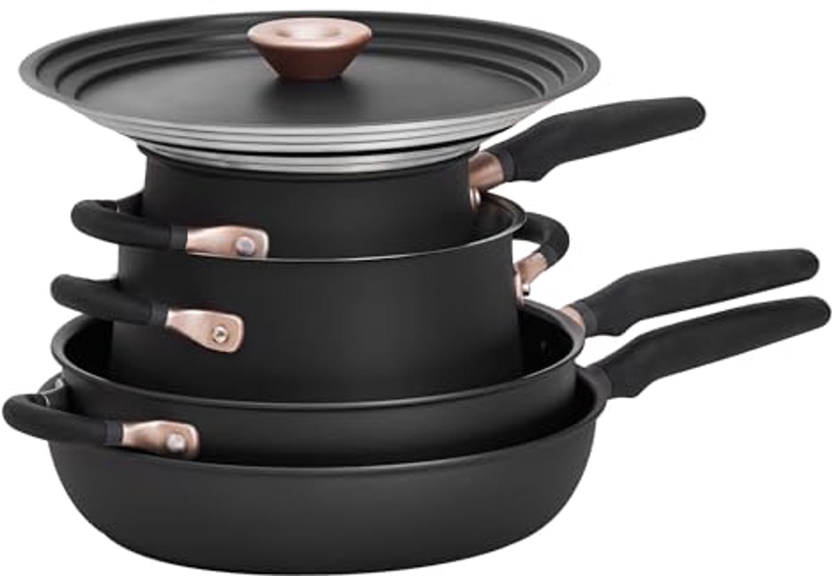 Inductie Kookplaat Pan Set - 6 Stuk Stapelbare Potten en Pannen Set met Anti Spill Vorm