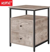 Nachtkastje met 2 lades, greige houtlook, zwart metalen frame.