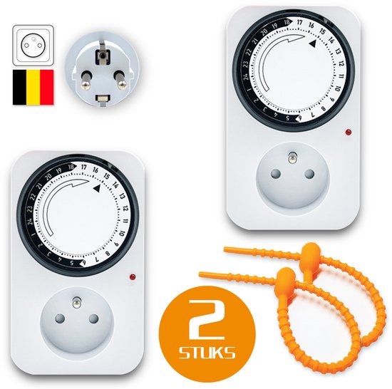 Colorful Sun® Minuteur Prise Programmable – Belgique – Interrupteur Horaire – Pour Intérieur – 2 Pièces – Programmateur Mécanique 24h – Format Carré – Avec Sécurité Enfants – Économie d’Énergie – Prise Minuteur Analogique