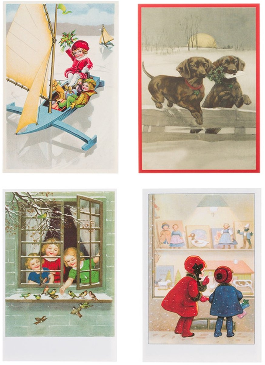Nostalgische kerstkaarten - 4 stuks - Franz_Josef - Klassieke Vintage afbeeldingen - Winter - Sneeuw - Feestelijk - Jaarwisseling - Oude Brocante kerstkaarten 15X10,5 en 14X9