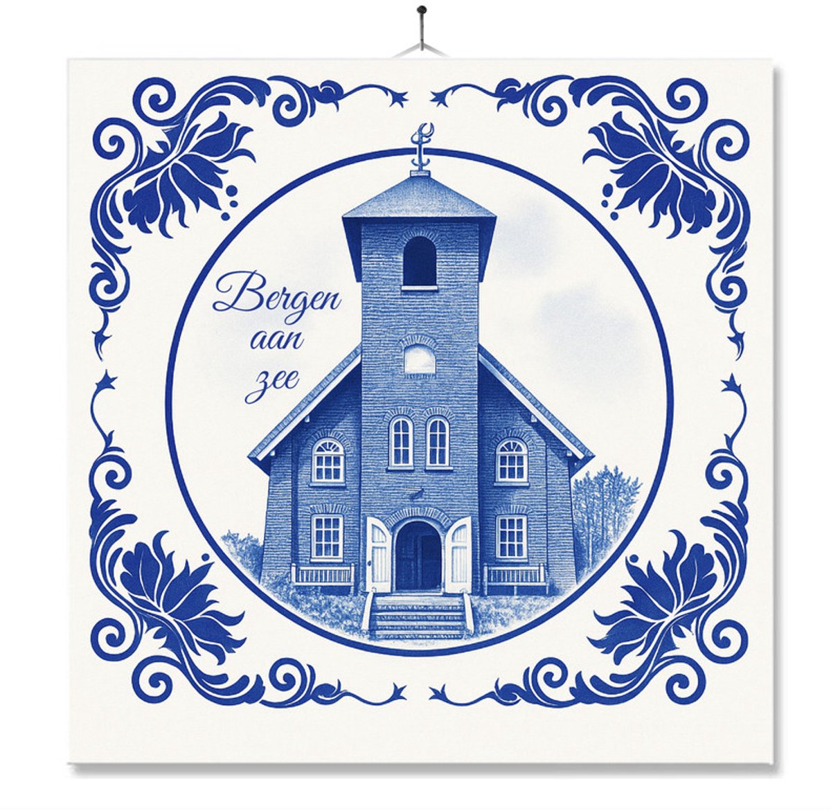 Tegel Met Opdruk | Bergen Aan Zee | Delft Blauw | Cadeau | Inclusief Geschenkdoos | Standaard | Ophangsysteem