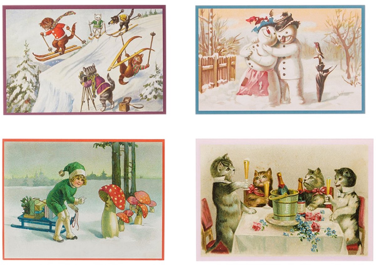 Nostalgische kerstkaarten - 4 stuks - Franz_Josef - Klassieke Vintage afbeeldingen - Winter - Sneeuw - Feestelijk - Jaarwisseling - Oude Brocante kerstkaarten 15X10,5 en 14X9