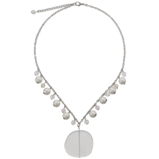 Collier Behave argenté avec perles, perles et pendentif rond transparent