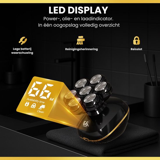 Zwart scheerapparaat met 7 scheerkoppen en gouden accenten. LED display toont 66 M, met pictogrammen voor lage batterij, reiniging en vergrendeling.