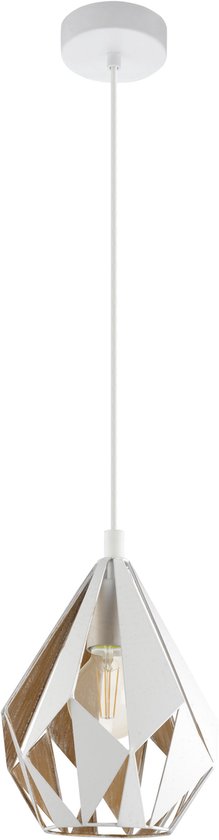 Hanglamp met een geometrische, diamantvormige kap in wit en goudkleurig hout. Eén lichtbron zichtbaar.